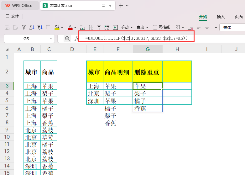 统计每个城市的唯一商品明细