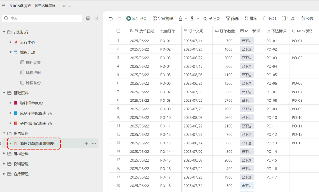 多维表格：销售→计划→物料→仓库全链路归类