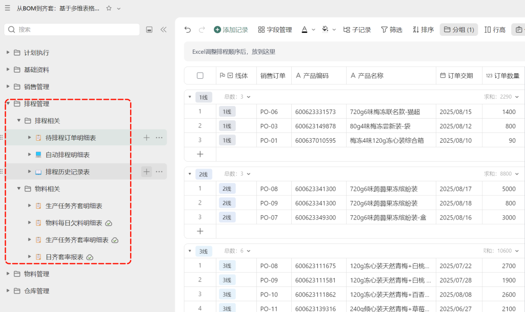 多维表格：销售→计划→物料→仓库全链路归类