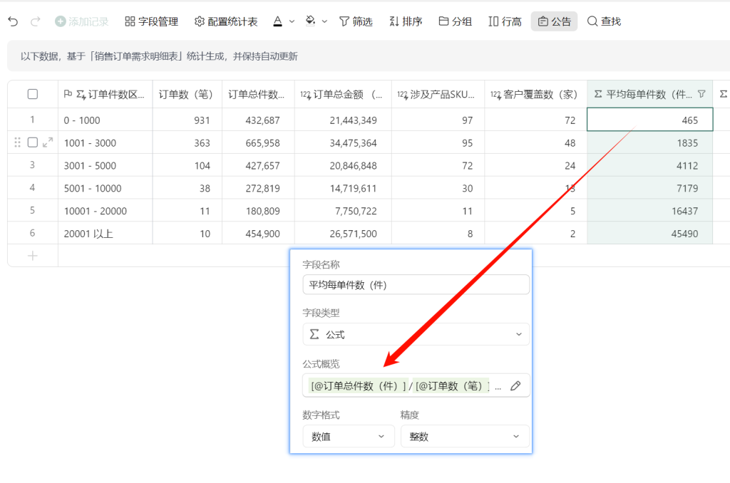 多维表格:构建订单数量分布的统计分析