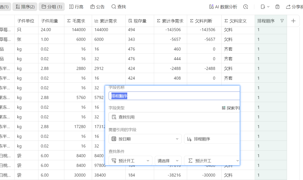 多维表格：自动日排程齐套率提醒