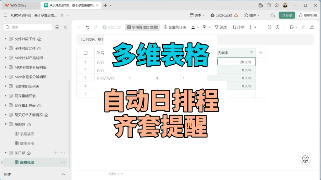 多维表格:自动日排程齐套率提醒