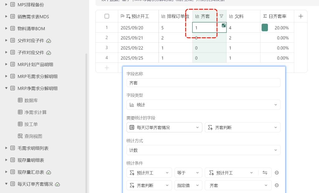 多维表格:自动日排程齐套率提醒