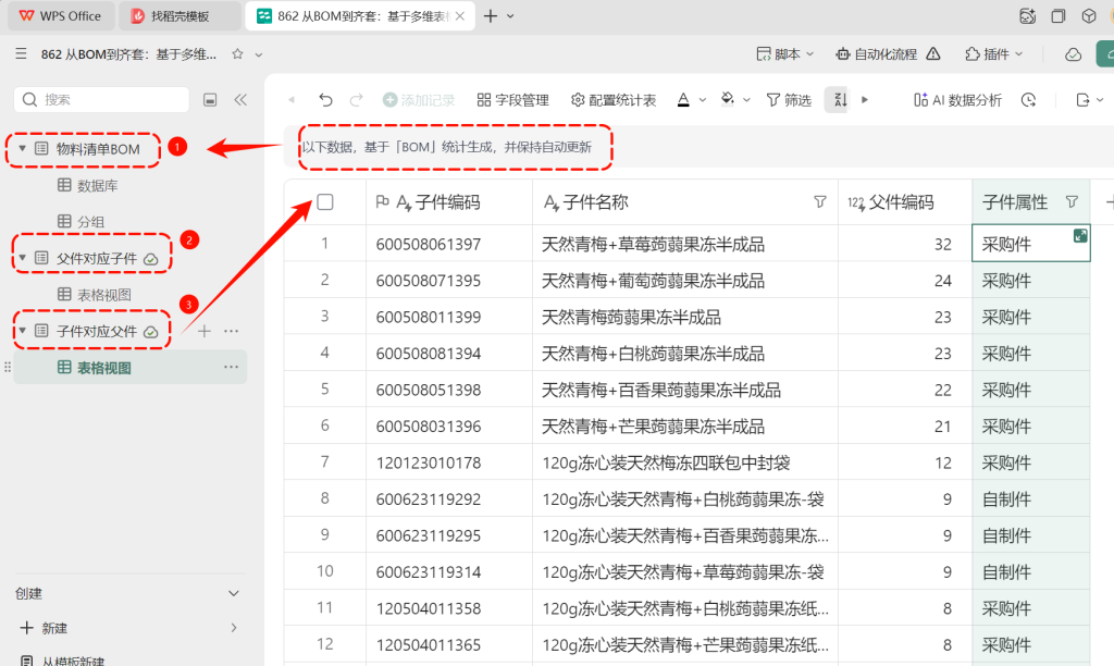 多维表格:自动识别自制件与采购件