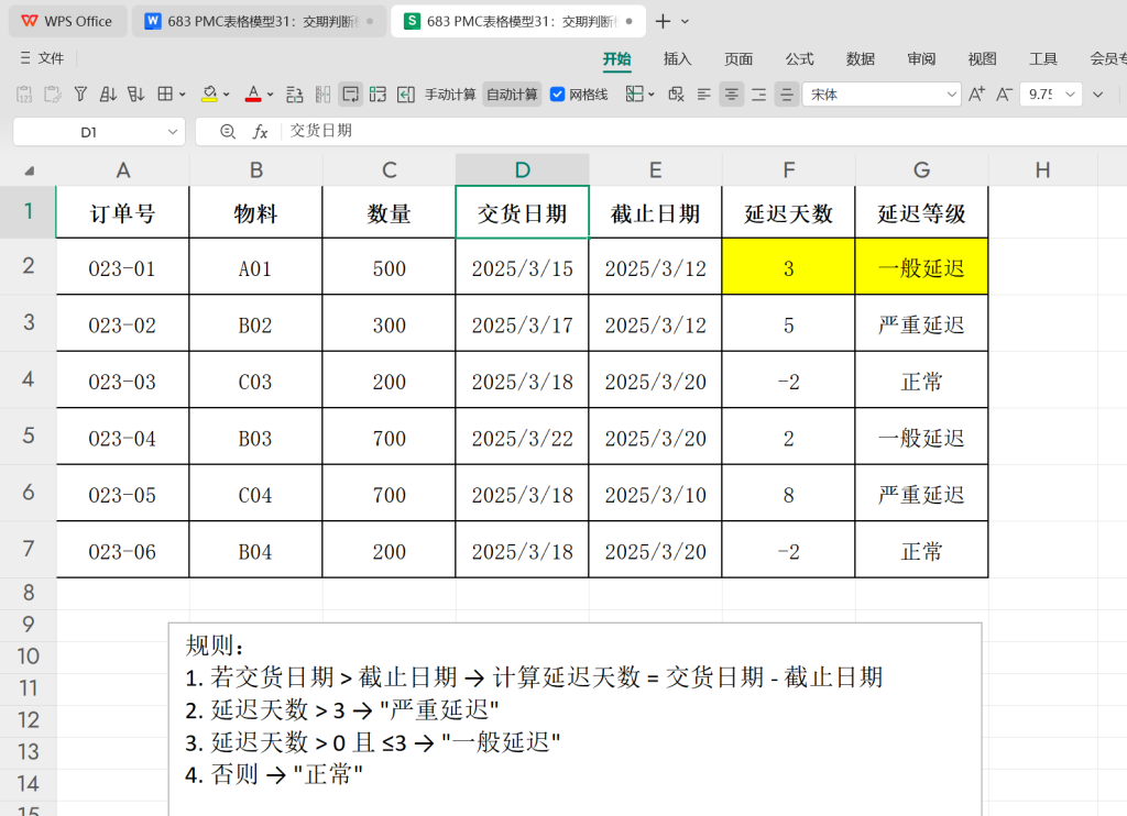 PMC表格模型31:交期判断模型