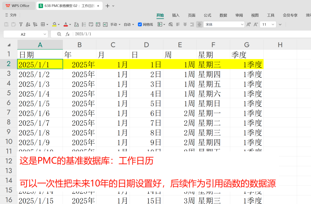 PMC表格模型02 :工作日历