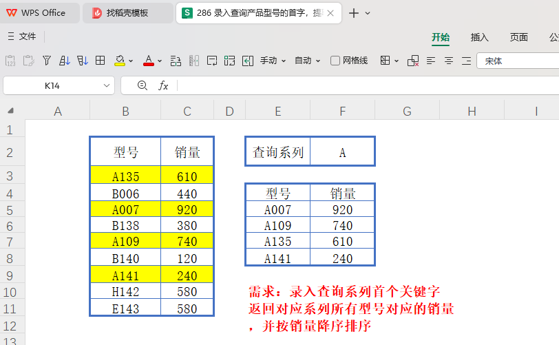 录入查询产品型号的首字,提取对应首字相同的所有型号,并按销量降序