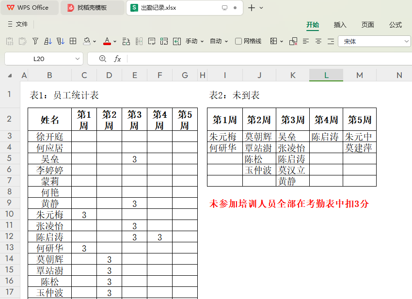 利用XLOOKUP快速实现培训未参加人员的扣分