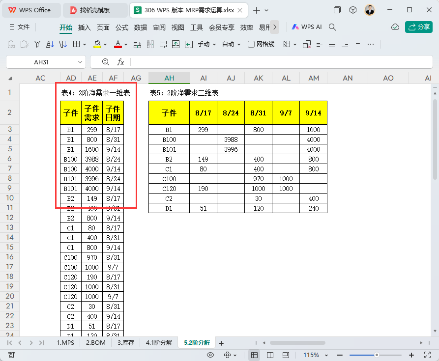 MRP多阶需求运算报表-WPS表格版本(10)